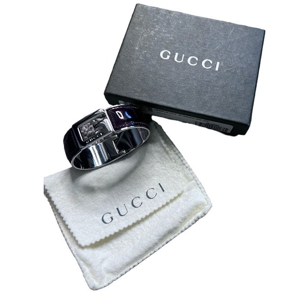 Authentic Gucci Bangle‎ Silver Burgundy Patent Leather Metal Bracelet - Picture 1 of 7
